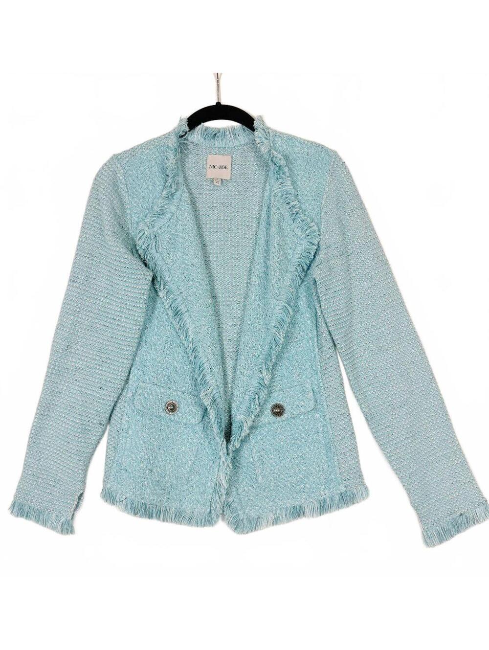 NIC+ZOE Women Fringe Mix Knit Jacket Aqua Blue River Open Front Blazer Size XS
